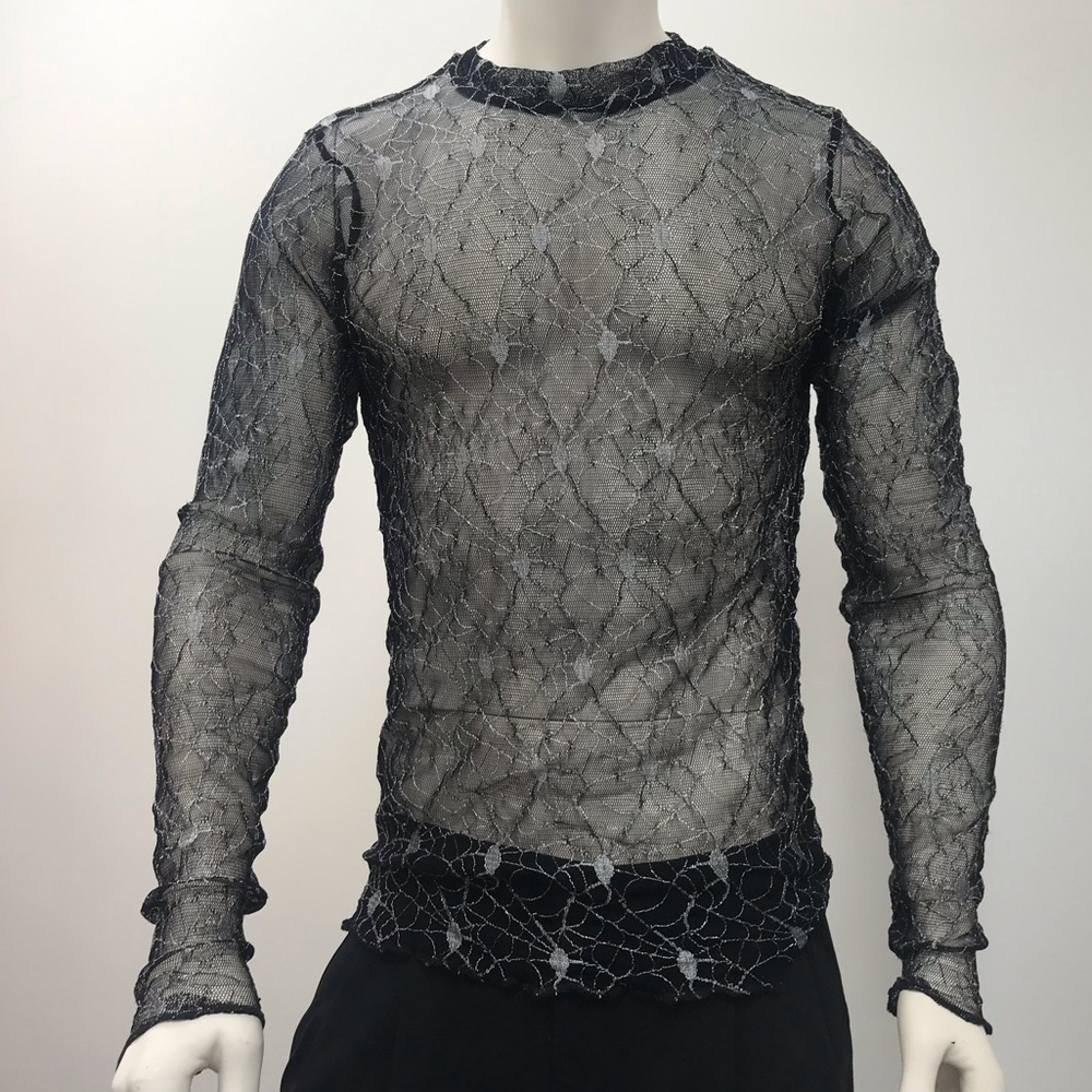 Silver Spider Web on Black Sheer Long Sleeves Tee